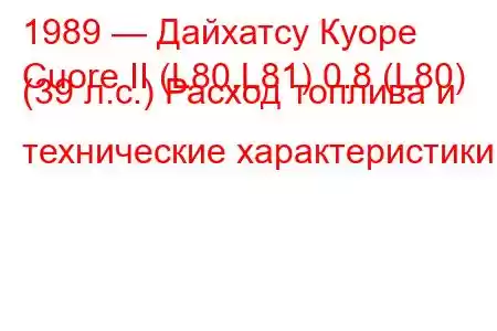 1989 — Дайхатсу Куоре
Cuore II (L80,L81) 0.8 (L80) (39 л.с.) Расход топлива и технические характеристики