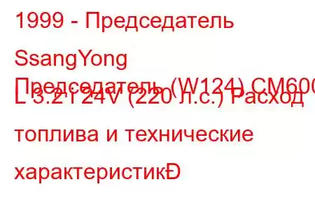 1999 - Председатель SsangYong
Председатель (W124) CM600 L 3.2 i 24V (220 л.с.) Расход топлива и технические характеристик