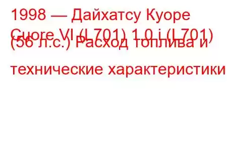 1998 — Дайхатсу Куоре
Cuore VI (L701) 1.0 i (L701) (56 л.с.) Расход топлива и технические характеристики