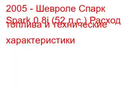 2005 - Шевроле Спарк
Spark 0.8i (52 л.с.) Расход топлива и технические характеристики