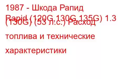 1987 - Шкода Рапид
Rapid (120G,130G,135G) 1.3 (130G) (53 л.с.) Расход топлива и технические характеристики