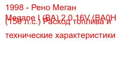 1998 - Рено Меган
Megane I (BA) 2.0 16V (BA0H) (150 л.с.) Расход топлива и технические характеристики