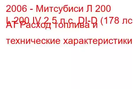 2006 - Митсубиси Л 200
L 200 IV 2,5 л.с. DI-D (178 лс) AT Расход топлива и технические характеристики