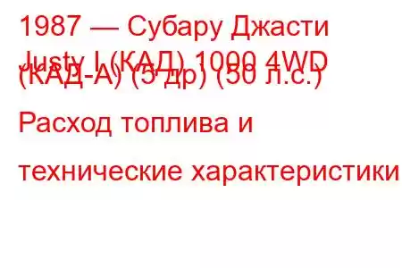 1987 — Субару Джасти
Justy I (КАД) 1000 4WD (КАД-А) (5 др) (50 л.с.) Расход топлива и технические характеристики