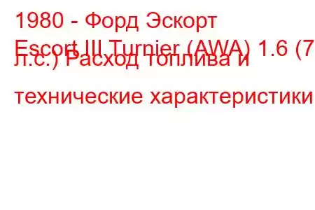 1980 - Форд Эскорт
Escort III Turnier (AWA) 1.6 (79 л.с.) Расход топлива и технические характеристики