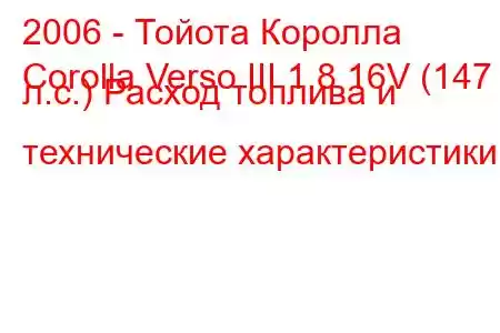 2006 - Тойота Королла
Corolla Verso III 1.8 16V (147 л.с.) Расход топлива и технические характеристики