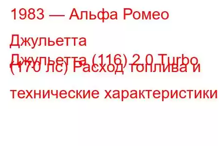 1983 — Альфа Ромео Джульетта
Джульетта (116) 2.0 Turbo (170 лс) Расход топлива и технические характеристики