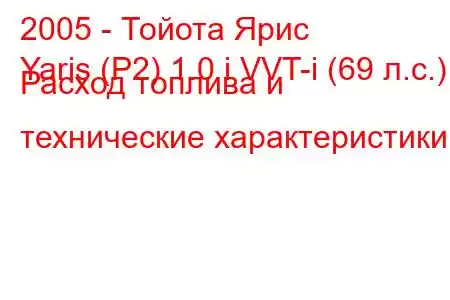 2005 - Тойота Ярис
Yaris (P2) 1.0 i VVT-i (69 л.с.) Расход топлива и технические характеристики