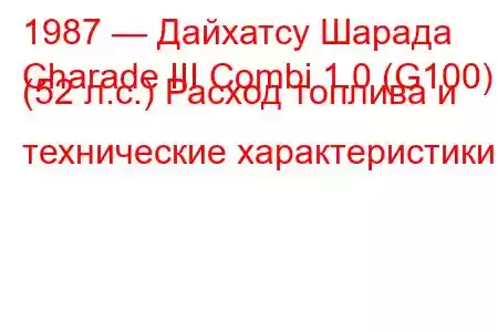 1987 — Дайхатсу Шарада
Charade III Combi 1.0 (G100) (52 л.с.) Расход топлива и технические характеристики