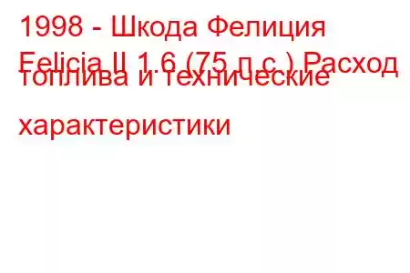 1998 - Шкода Фелиция
Felicia II 1.6 (75 л.с.) Расход топлива и технические характеристики