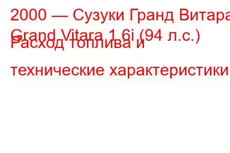 2000 — Сузуки Гранд Витара
Grand Vitara 1.6i (94 л.с.) Расход топлива и технические характеристики