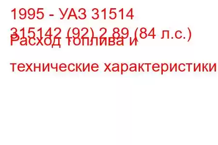 1995 - УАЗ 31514
315142 (92) 2,89 (84 л.с.) Расход топлива и технические характеристики