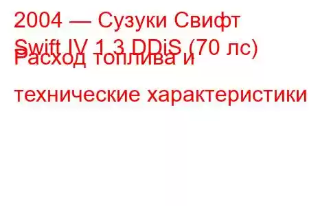 2004 — Сузуки Свифт
Swift IV 1.3 DDiS (70 лс) Расход топлива и технические характеристики