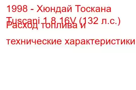 1998 - Хюндай Тоскана
Tuscani 1.8 16V (132 л.с.) Расход топлива и технические характеристики