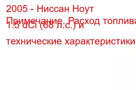 2005 - Ниссан Ноут
Примечание. Расход топлива 1.5 dCi (68 л.с.) и технические характеристики.