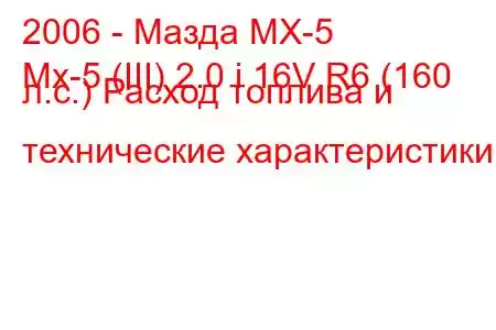 2006 - Мазда МХ-5
Mx-5 (III) 2.0 i 16V R6 (160 л.с.) Расход топлива и технические характеристики