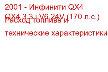 2001 - Инфинити QX4
QX4 3.3 i V6 24V (170 л.с.) Расход топлива и технические характеристики