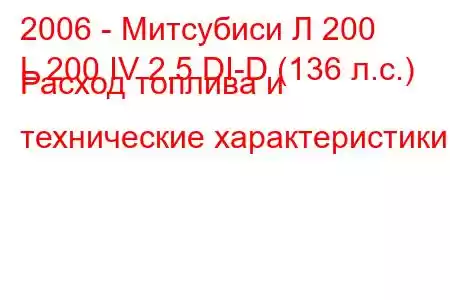 2006 - Митсубиси Л 200
L 200 IV 2.5 DI-D (136 л.с.) Расход топлива и технические характеристики