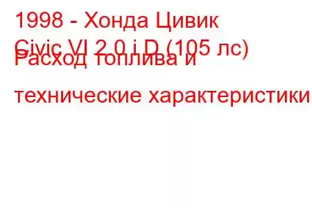 1998 - Хонда Цивик
Civic VI 2.0 i D (105 лс) Расход топлива и технические характеристики