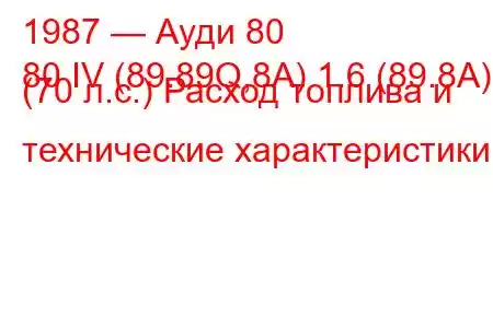 1987 — Ауди 80
80 IV (89.89Q,8A) 1.6 (89.8A) (70 л.с.) Расход топлива и технические характеристики