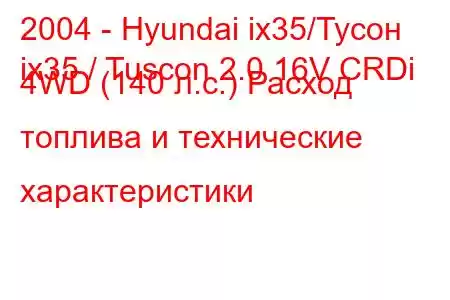 2004 - Hyundai ix35/Тусон
ix35 / Tuscon 2.0 16V CRDi 4WD (140 л.с.) Расход топлива и технические характеристики