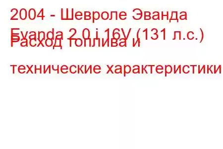 2004 - Шевроле Эванда
Evanda 2.0 i 16V (131 л.с.) Расход топлива и технические характеристики