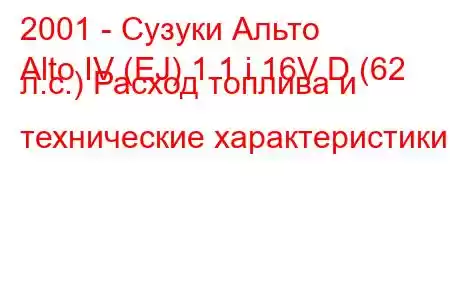 2001 - Сузуки Альто
Alto IV (EJ) 1.1 i 16V D (62 л.с.) Расход топлива и технические характеристики