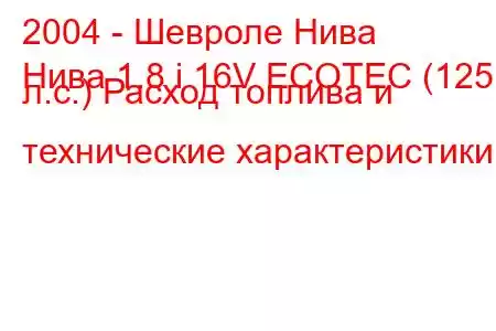 2004 - Шевроле Нива
Нива 1.8 i 16V ECOTEC (125 л.с.) Расход топлива и технические характеристики