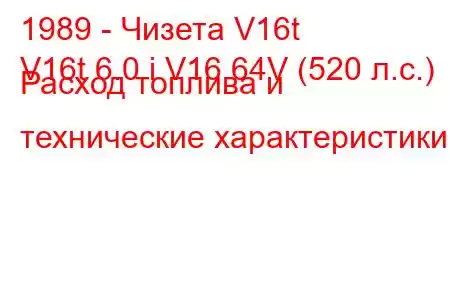 1989 - Чизета V16t
V16t 6.0 i V16 64V (520 л.с.) Расход топлива и технические характеристики