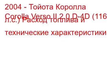 2004 - Тойота Королла
Corolla Verso II 2.0 D-4D (116 л.с.) Расход топлива и технические характеристики