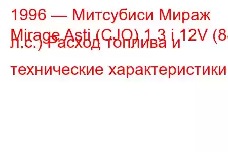 1996 — Митсубиси Мираж
Mirage Asti (CJO) 1.3 i 12V (88 л.с.) Расход топлива и технические характеристики