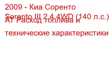 2009 - Киа Соренто
Sorento III 2.4 4WD (140 л.с.) AT Расход топлива и технические характеристики