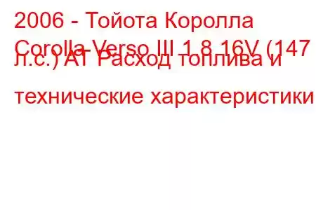 2006 - Тойота Королла
Corolla Verso III 1.8 16V (147 л.с.) AT Расход топлива и технические характеристики