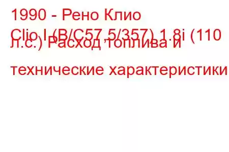 1990 - Рено Клио
Clio I (B/C57,5/357) 1.8i (110 л.с.) Расход топлива и технические характеристики