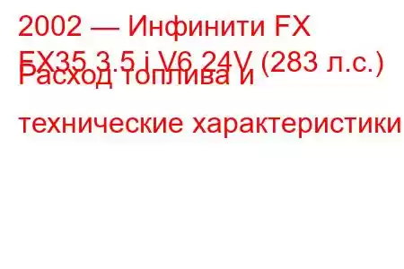 2002 — Инфинити FX
FX35 3.5 i V6 24V (283 л.с.) Расход топлива и технические характеристики