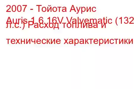 2007 - Тойота Аурис
Auris 1.6 16V Valvematic (132 л.с.) Расход топлива и технические характеристики