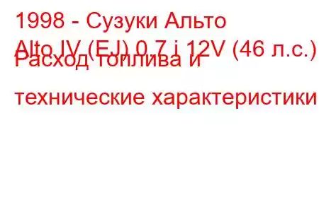 1998 - Сузуки Альто
Alto IV (EJ) 0.7 i 12V (46 л.с.) Расход топлива и технические характеристики