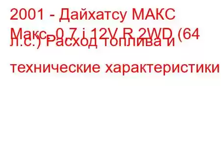 2001 - Дайхатсу МАКС
Макс. 0,7 i 12V R 2WD (64 л.с.) Расход топлива и технические характеристики