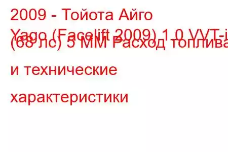 2009 - Тойота Айго
Yago (Facelift 2009) 1.0 VVT-i (68 лс) 5 ММ ​​Расход топлива и технические характеристики