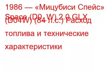 1986 — «Мицубиси Спейс»
Space (D0_W) 2.0 GLX (D04W) (84 л.с.) Расход топлива и технические характеристики