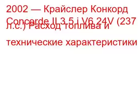 2002 — Крайслер Конкорд
Concorde II 3.5 i V6 24V (237 л.с.) Расход топлива и технические характеристики