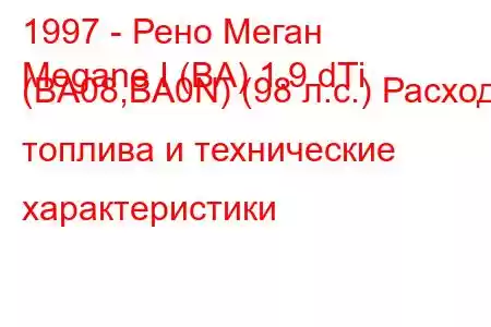 1997 - Рено Меган
Megane I (BA) 1.9 dTi (BA08,BA0N) (98 л.с.) Расход топлива и технические характеристики