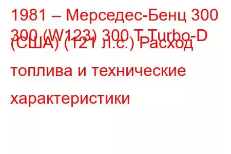 1981 – Мерседес-Бенц 300
300 (W123) 300 T Turbo-D (США) (121 л.с.) Расход топлива и технические характеристики