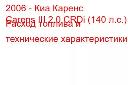 2006 - Киа Каренс
Carens III 2.0 CRDi (140 л.с.) Расход топлива и технические характеристики