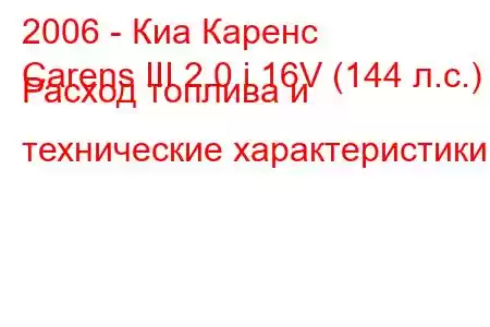 2006 - Киа Каренс
Carens III 2.0 i 16V (144 л.с.) Расход топлива и технические характеристики