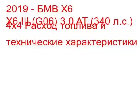 2019 - БМВ Х6
X6 III (G06) 3.0 AT (340 л.с.) 4x4 Расход топлива и технические характеристики