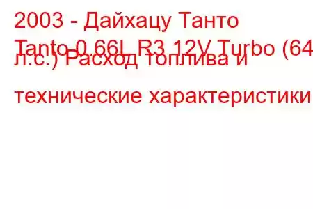 2003 - Дайхацу Танто
Tanto 0.66L R3 12V Turbo (64 л.с.) Расход топлива и технические характеристики