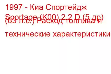 1997 - Киа Спортейдж
Sportage (K00) 2.2 D (5 др) (63 л.с.) Расход топлива и технические характеристики