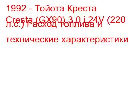 1992 - Тойота Креста
Cresta (GX90) 3.0 i 24V (220 л.с.) Расход топлива и технические характеристики