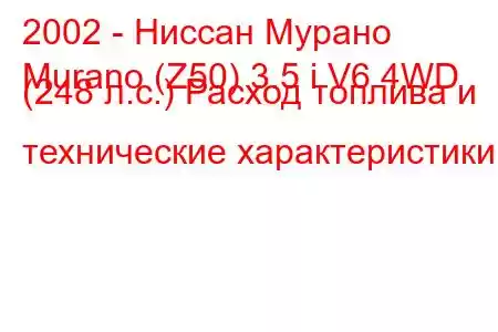 2002 - Ниссан Мурано
Murano (Z50) 3.5 i V6 4WD (248 л.с.) Расход топлива и технические характеристики